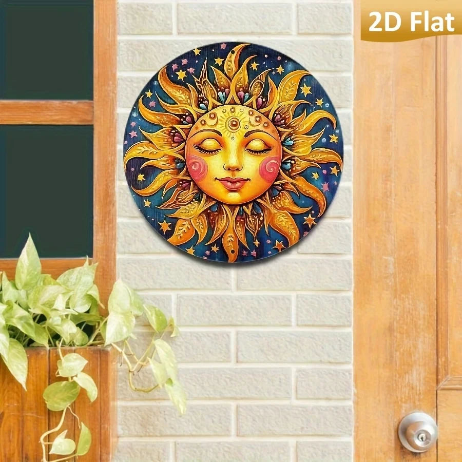 décoration murale plaque métal rond soleil étoiles motifs floraux artisanal or jaune bleu rose
