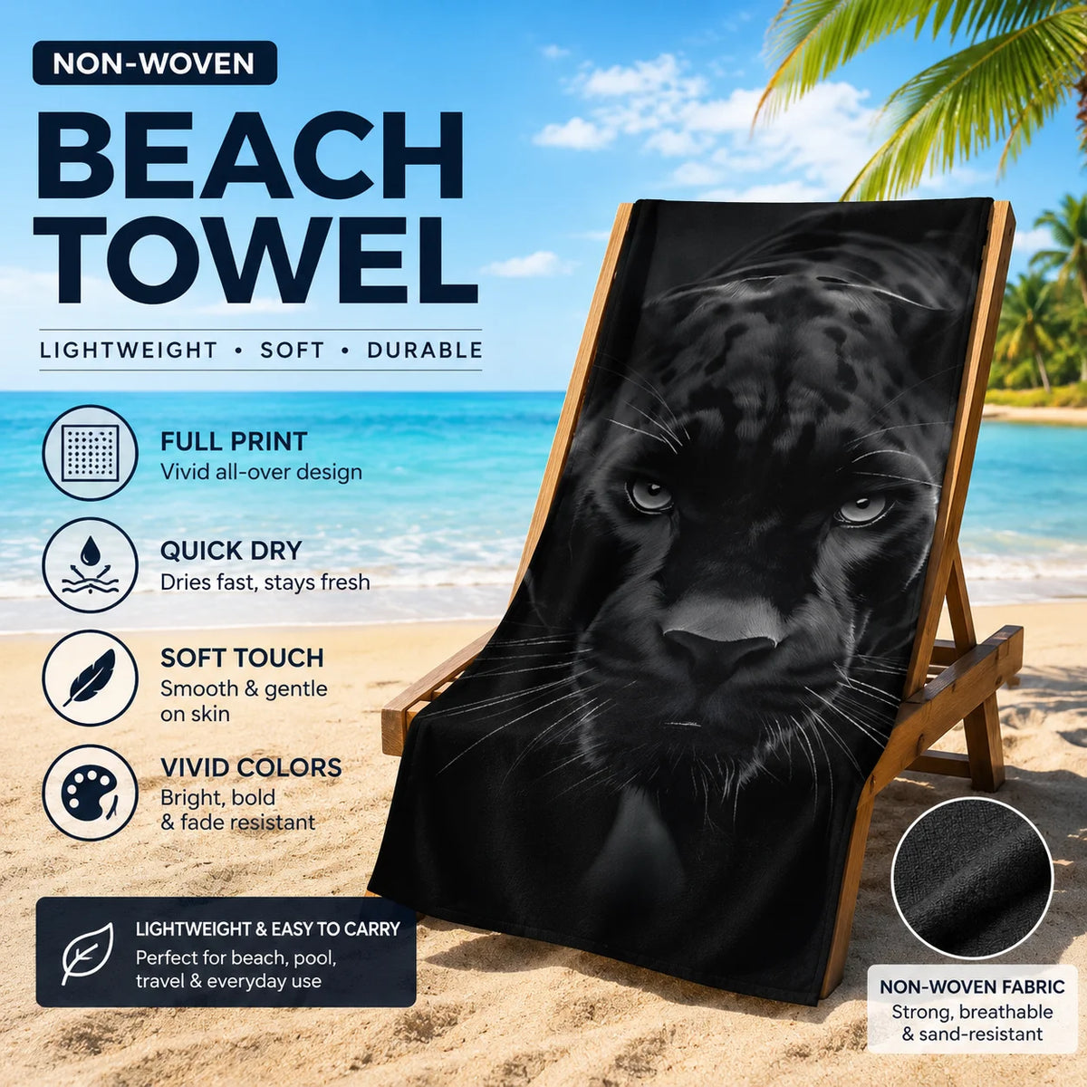 serviette plage imprimé jaguar noir moderne grande taille absorption rapide polyester haute qualité