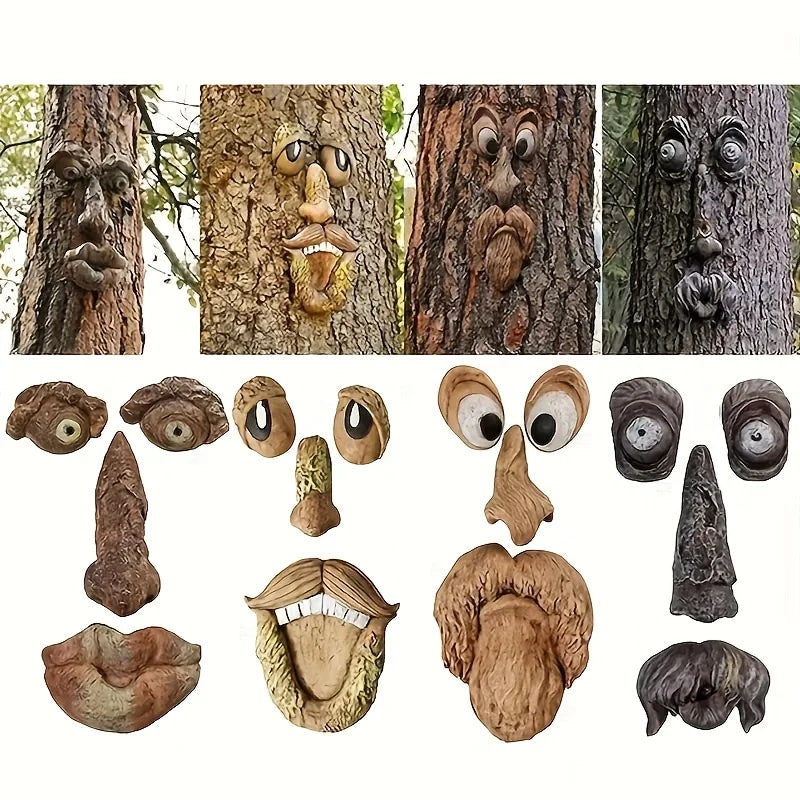 décorations murales résine yeux nez bouche barbe fantaisiste humoristique fixations écorce arbres rustic