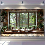 tapisserie rustique scénique fenêtre plantes bois salon brun beige vert