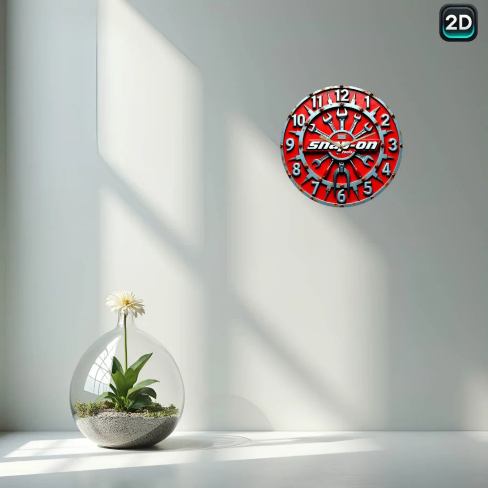 horloge murale vintage rouge gris horaire clés snapon tools bois quartz aiguille 25cm salon