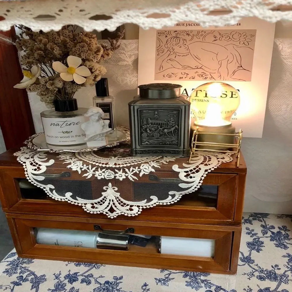 nappes dentelle brodée rose vintage shabby chic semi transparentes motifs floraux blanc beigeclair