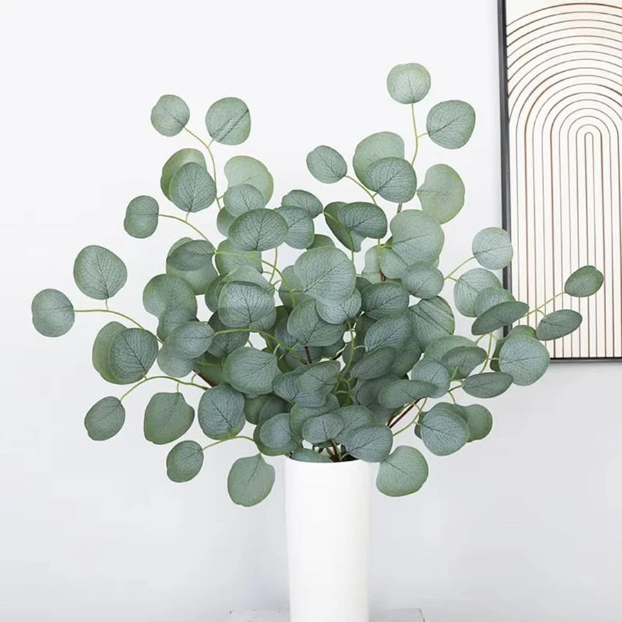 feuilles eucalyptus artificielles branche verte minimaliste nature deco intérieur extérieur soie rondes lisses