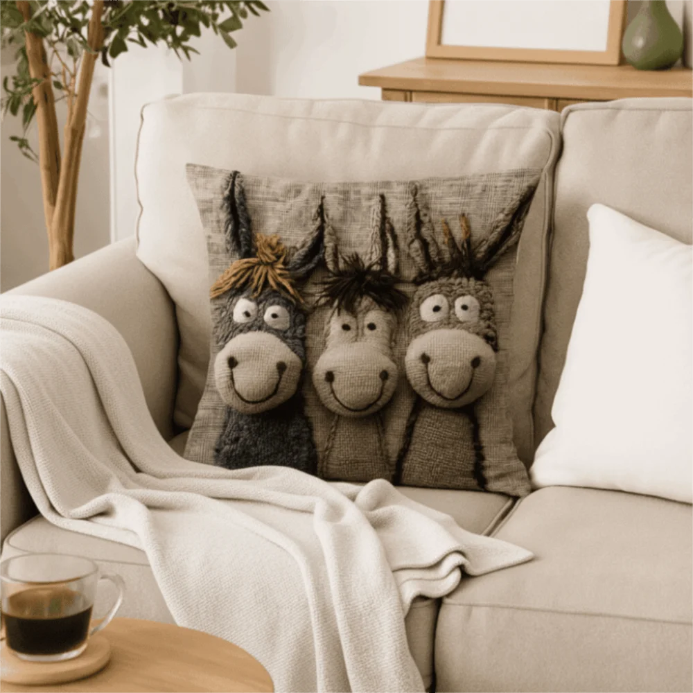 taies d'oreillers animaux souriants gris beige lit maison polyester rustique opacité non toxique fixations