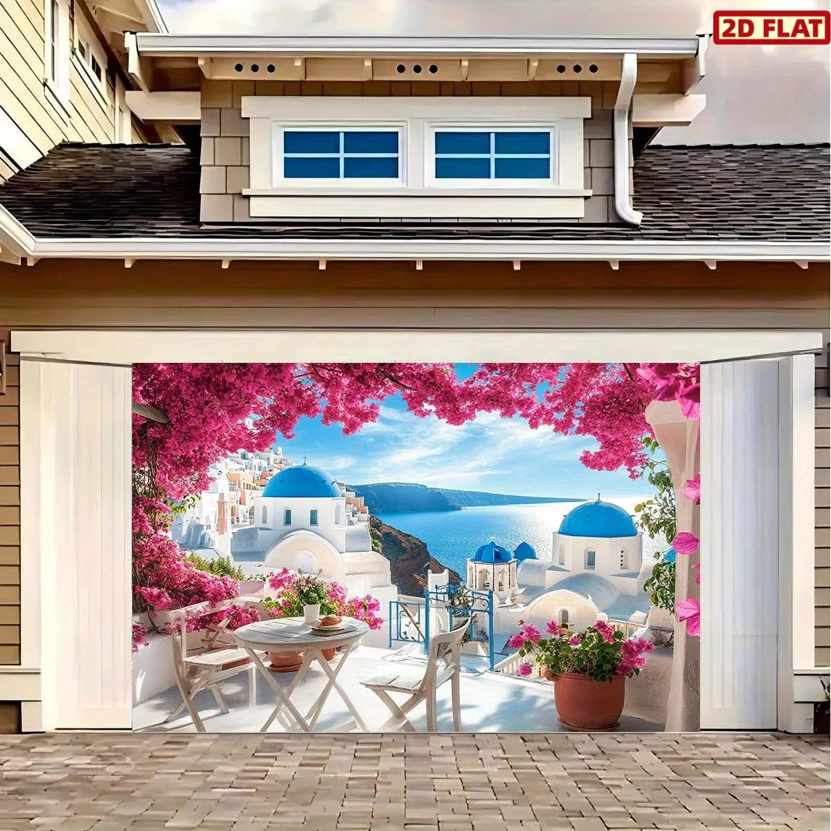 papier peint mural paysage santorini dômes bleus fleurs roses classique blanc gris grande taille