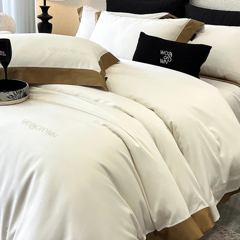 parure lit luxe coton lyocell satiné housse couette drap plat taies oreillers blanc