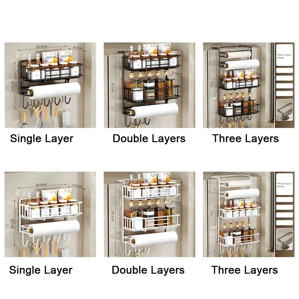 étagère murale métal noir multiple rangements clips transparents bouteilles serviettes ustensiles cuisine moderne fonctionnelle