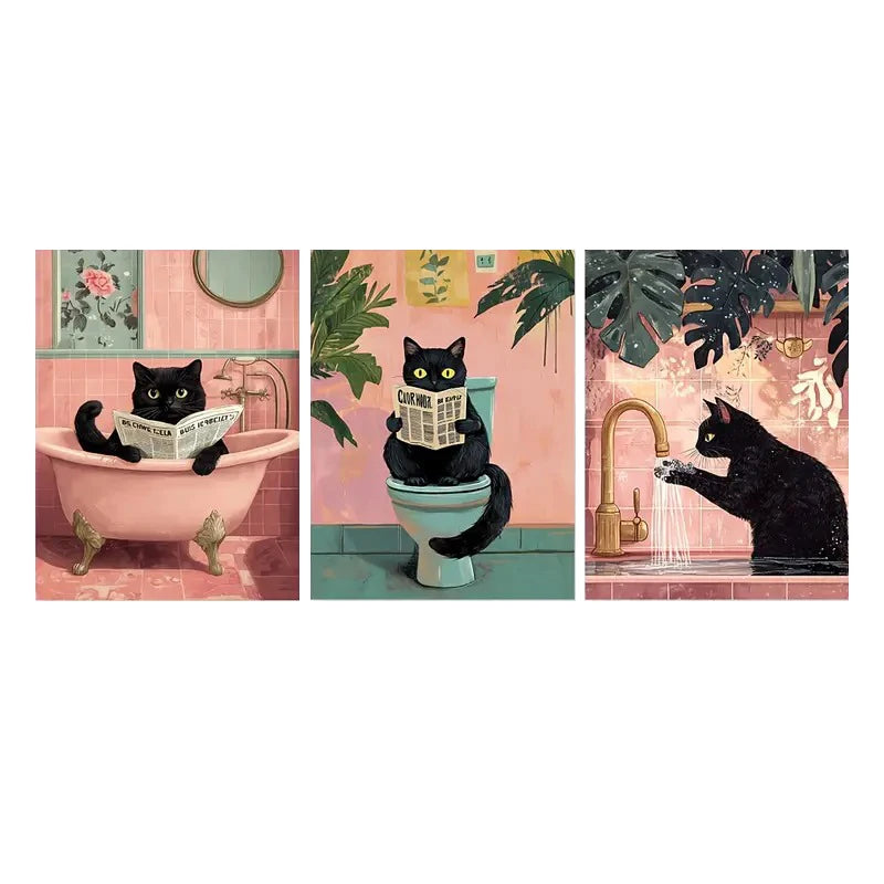 toile d'art moderne illustration chats noirs salle bain noir rose verte toile abstraite décoration