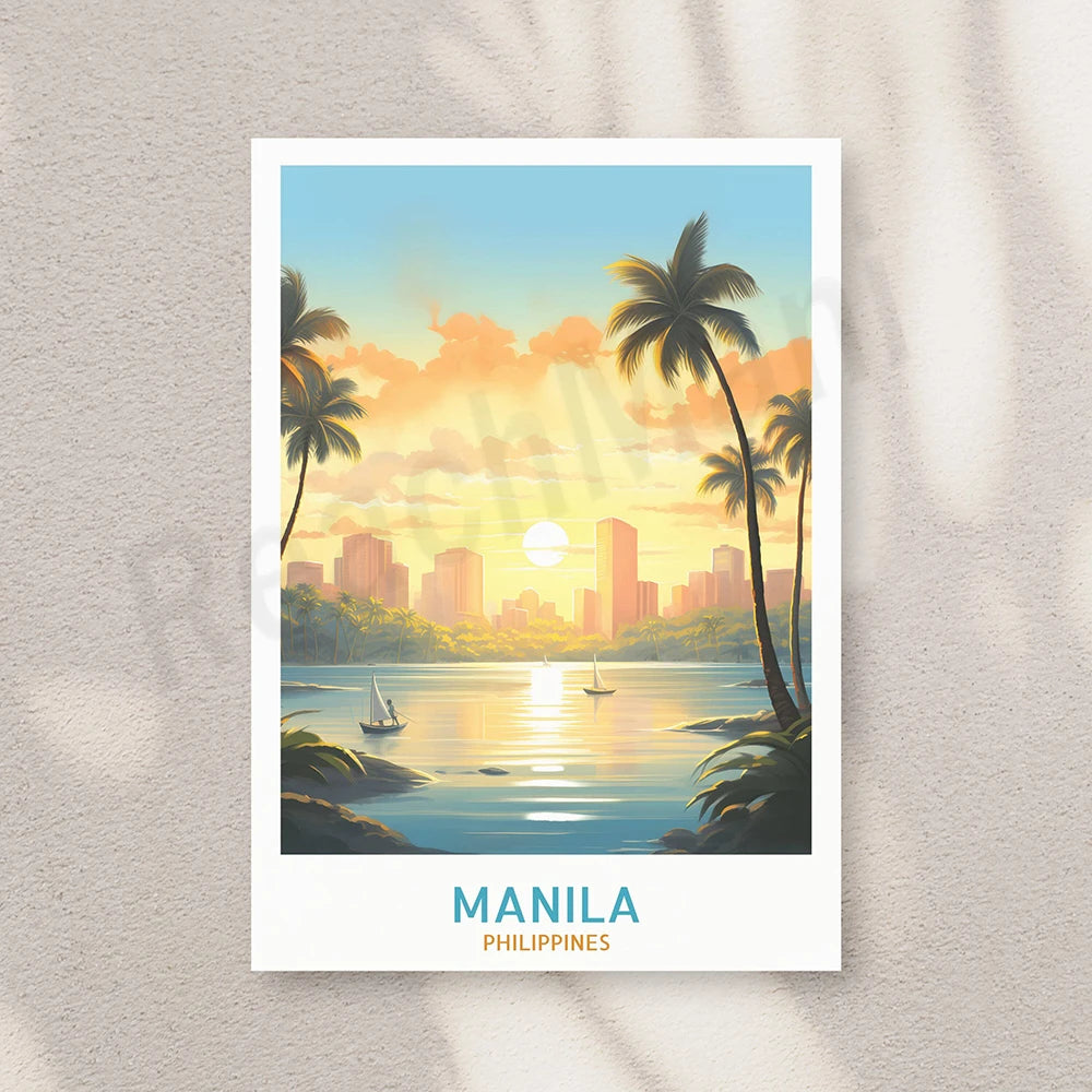 Une illustration pittoresque du paysage urbain de Manille aux Philippines, avec des gratte-ciel se détachant sur un coucher de soleil doré et des palmiers tropicaux bordant l'océan.