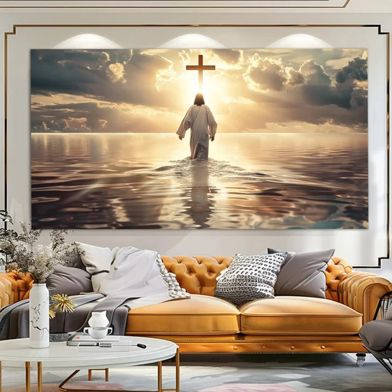 peinture toile classique jesus christ mer soleil couchant aquarelle sans cadre decoration mur religieuse