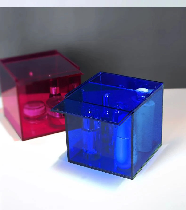 boîte rangement transparente moderne réutilisable respectueuse environnement violet vert bleu orange jaune cosmétiques bijoux