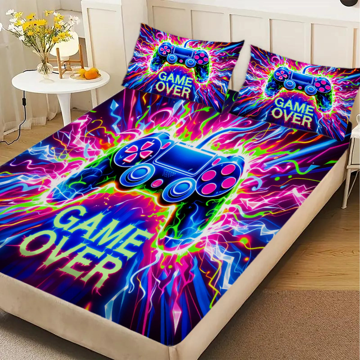 Ensemble 3 pièces housse de couette thème gamer dépliée