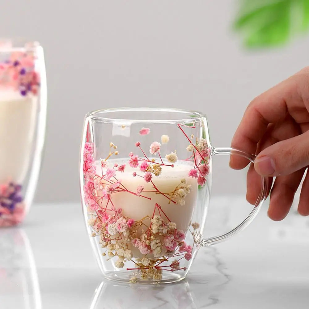tasse verre double paroi fleurs séchées rose bleu moderne 350ml transparent