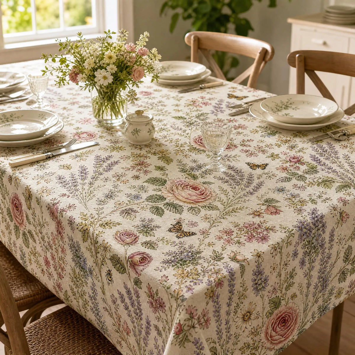 nappe table motifs floraux papillons blanc cassé rose violet verte festive champêtre romantique vintage