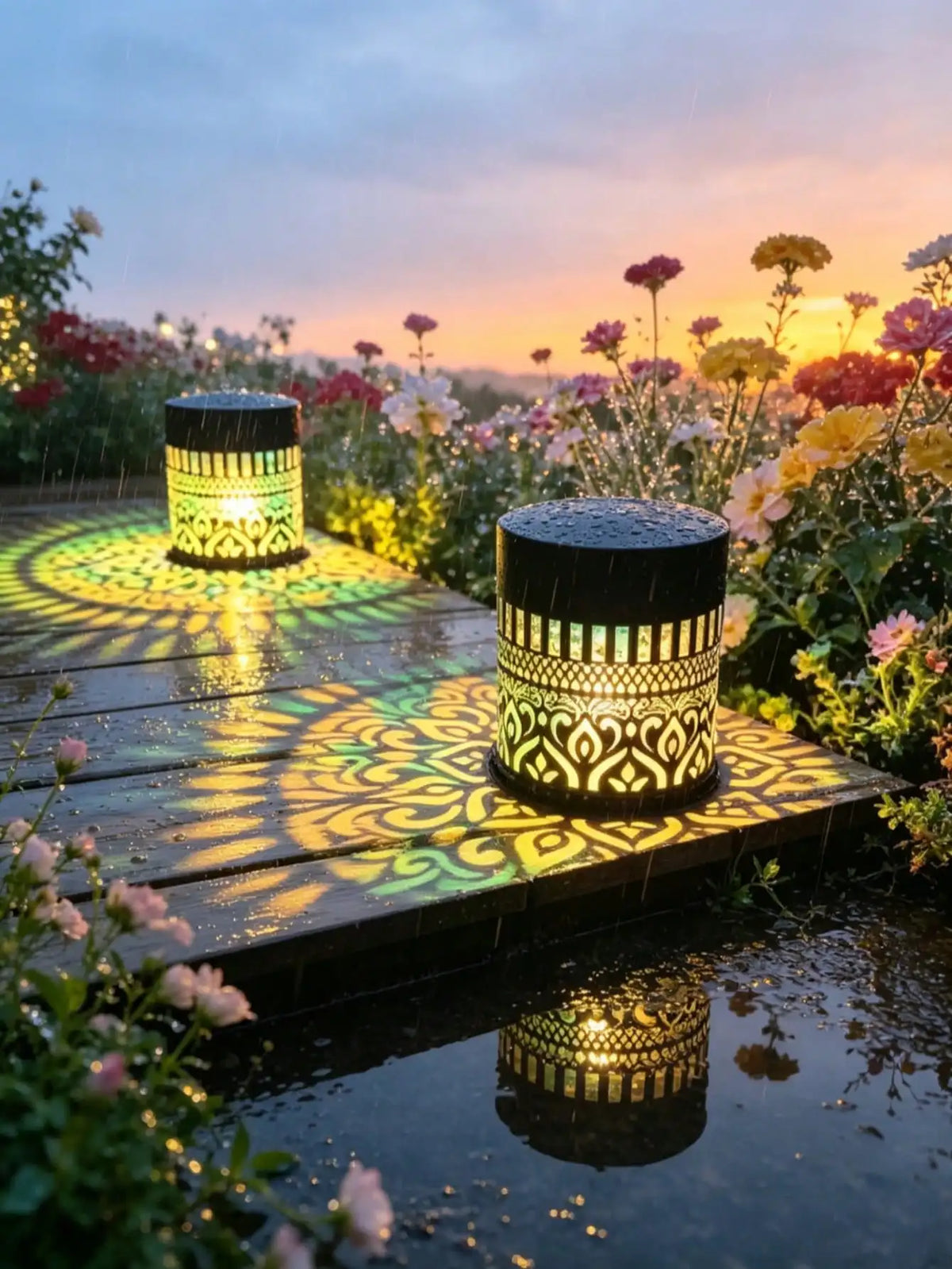 lampe solaire mandala noir doré moderne éclairage extérieur jardin