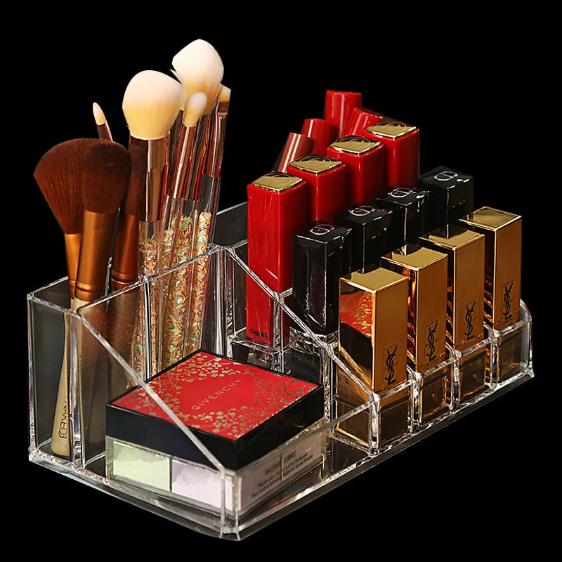 organisateur maquillage transparent moderne compartiments multiple pinceaux crèmes rouges lèvres palette parfum reutilisable acrylique
