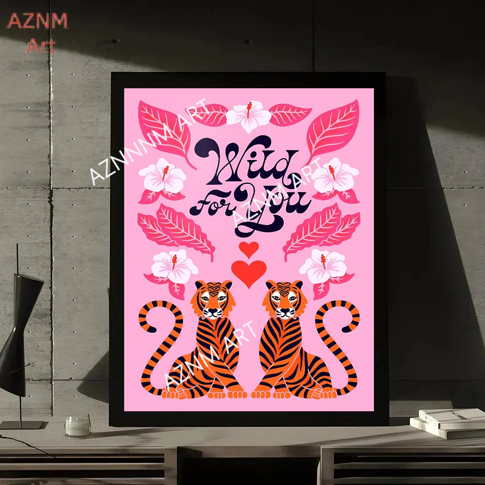 affiche moderne abstraite rose paysages tigres fleurs toile 30x40cm noir blanc pop art