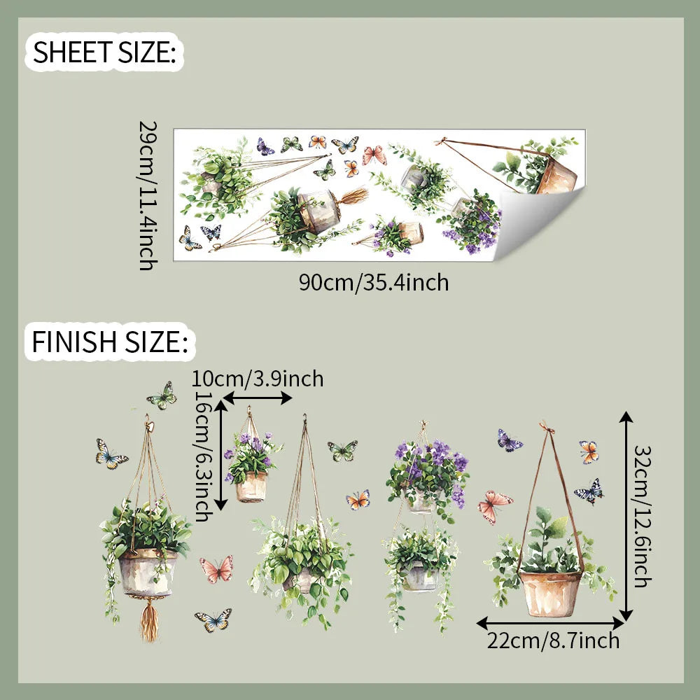 sticker murale plante suspendue papillon feuilles verte violette beige naturel rustique chambre salon