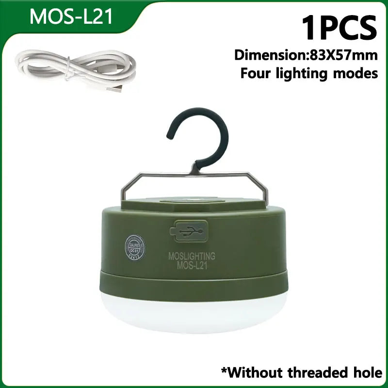 lampe camping portable vert olive moderne rechargeable via USB crochets métalliques câble chargeur heures