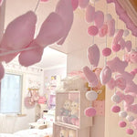 rideau décoratif rose semi transparent papillons étoiles pompons velours polyester doux