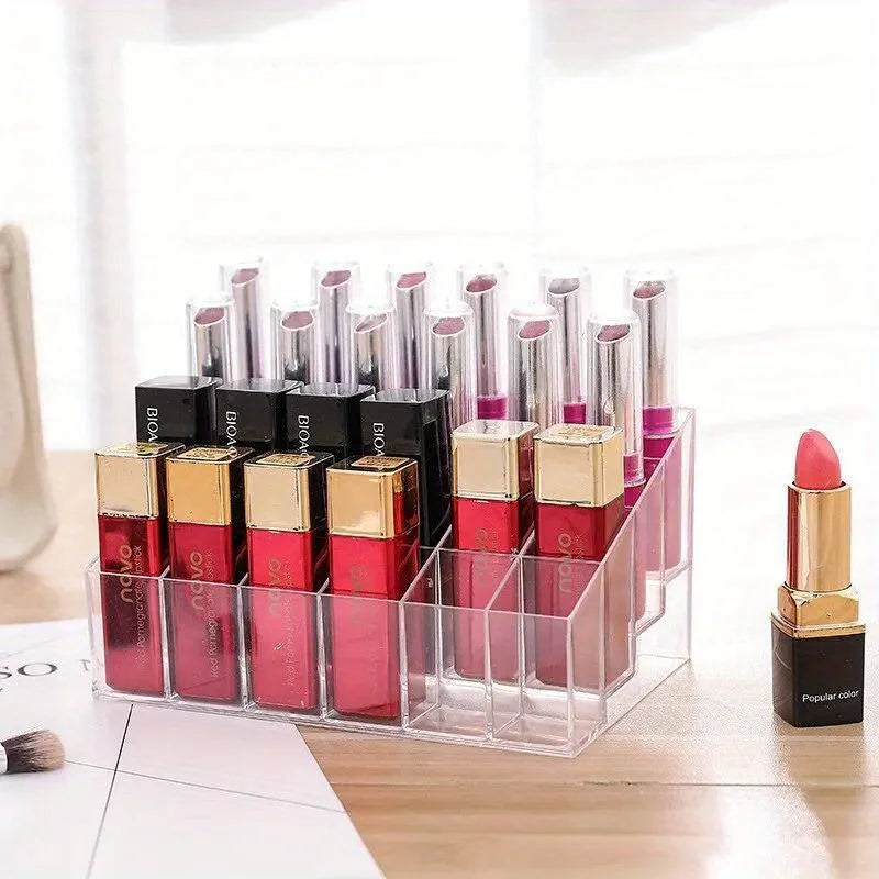 organisateur cosmétiques transparent acrylique 24 compartiments rangement rouges lèvres vernis ongles pinceaux moderne minimaliste