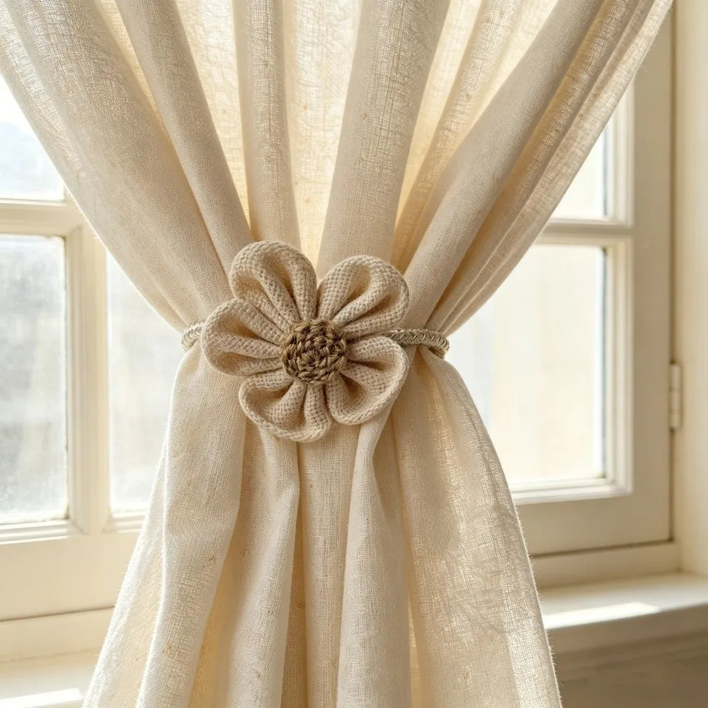 accessoire fenêtre fleurs crochet tissu texturé clips beige marron clair decoratif artisanal