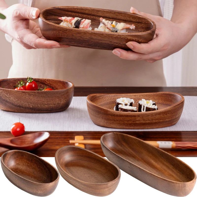 assiettes ovales bois marron foncé sushi plate rustique naturel tableware cuisine