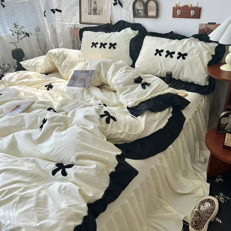 ensemble literie housse couverture taies nœuds noirs volants blancs filles doux