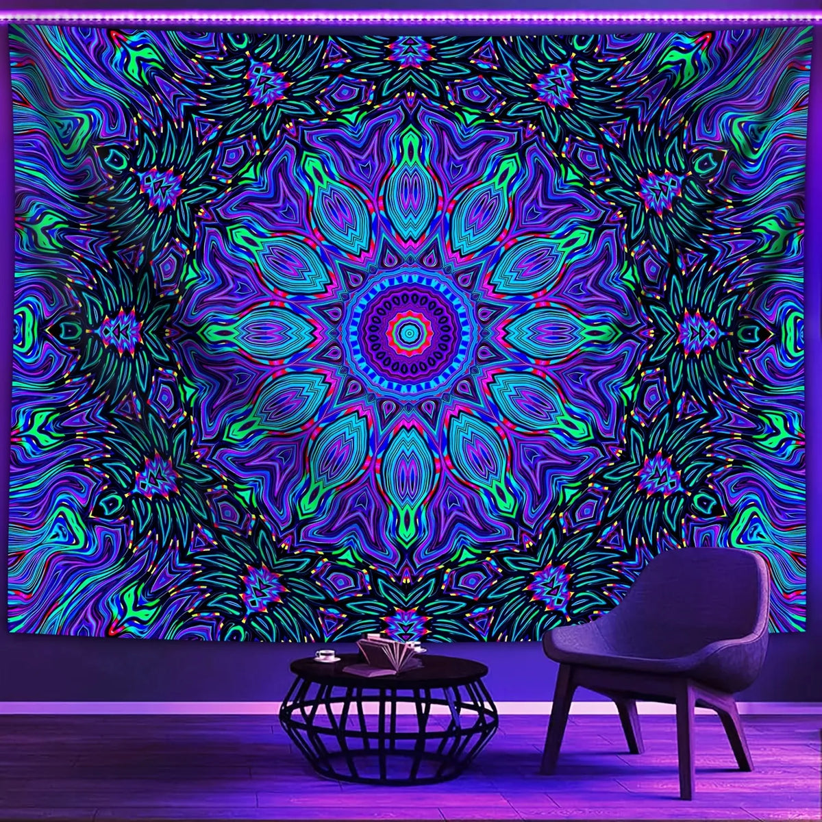 tapisserie boho mandala violet bleu vert rose moderne symétrique décoration murale chambre coucher