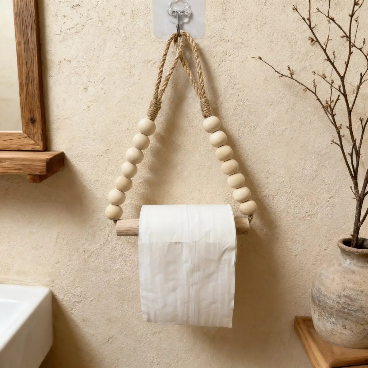 porte rouleau papier toilette blanc bois corde boho rustique suction chambrehôtelDecorationMaison