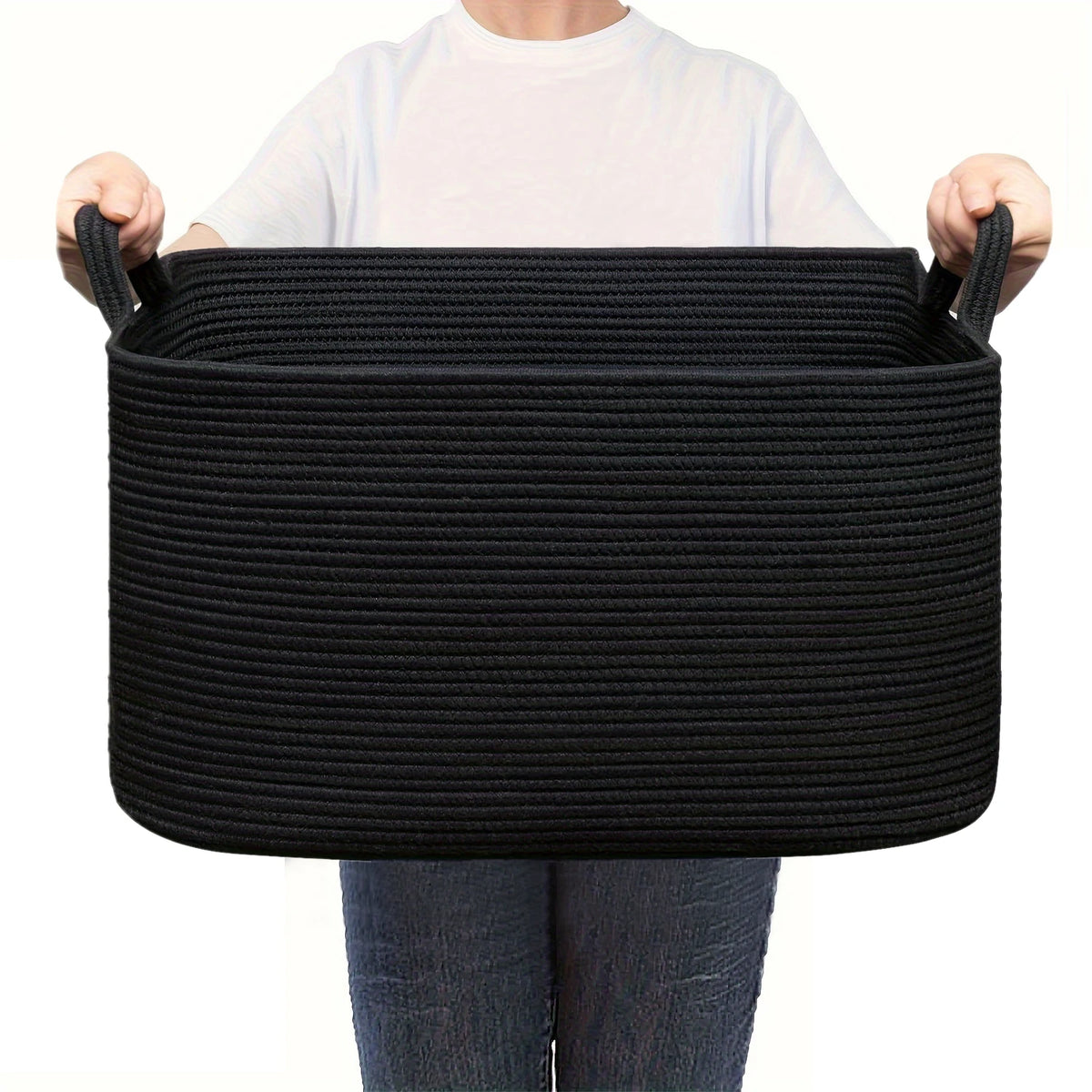 panier rangement tissé polyester pliable beige blanc rayures horizontales moderne rustique