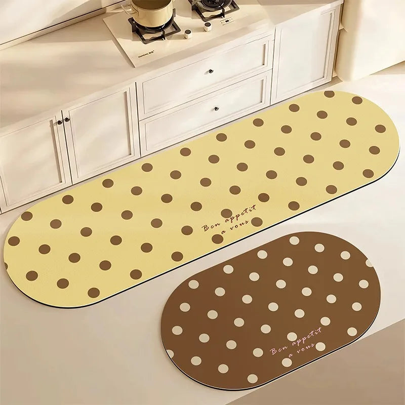 tapis cuisine antidérapant moderne pois jaune bleu rose marron bon appétit adhésif sol extérieur