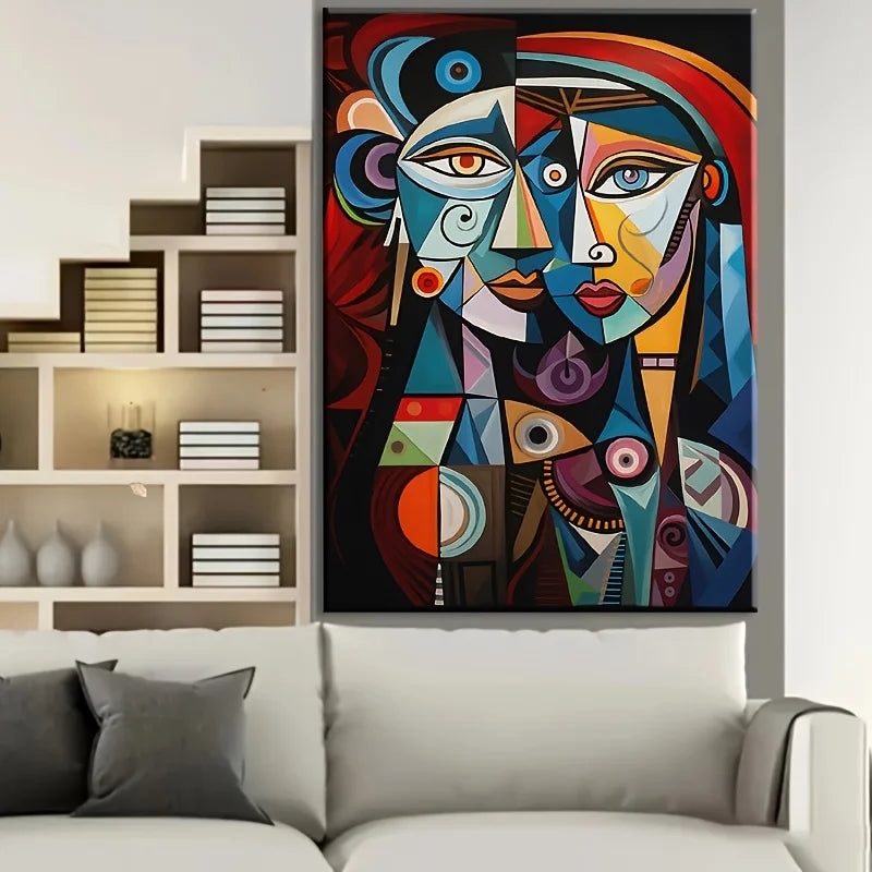tableau abstrait géométrique moderne toile impression cubiste contrasté bleu rouge noir blanc orange vert