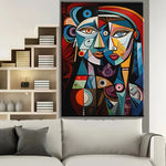 tableau abstrait géométrique moderne toile impression cubiste contrasté bleu rouge noir blanc orange vert