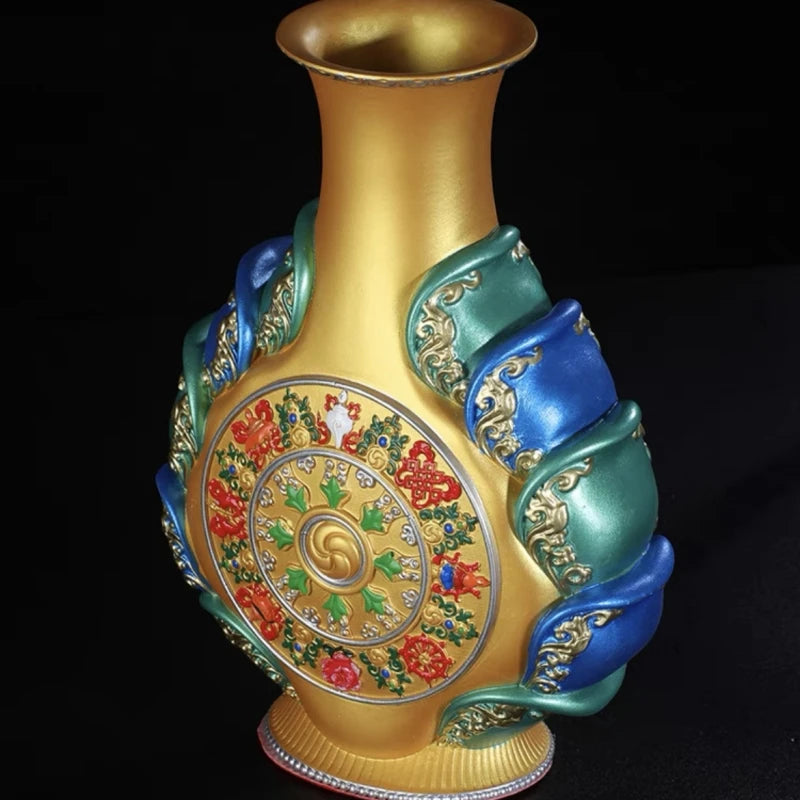 vase decoratif oriental art bouddhiste couleur or rose bleu vert decoration florale complexe resine