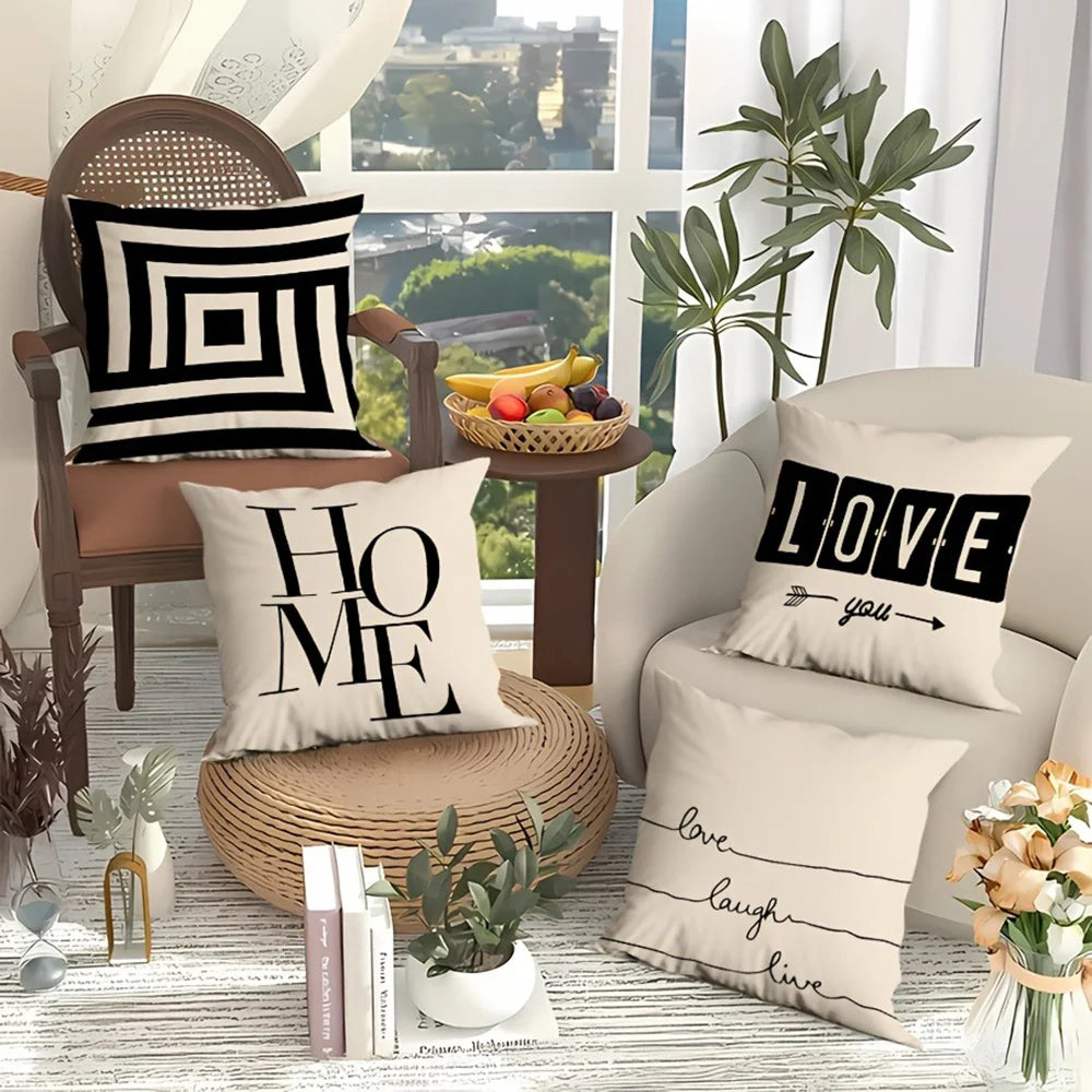 taies d'oreiller jacquard géométriques moderne non toxique 45x45cm polyester coton beige noir motifs textes