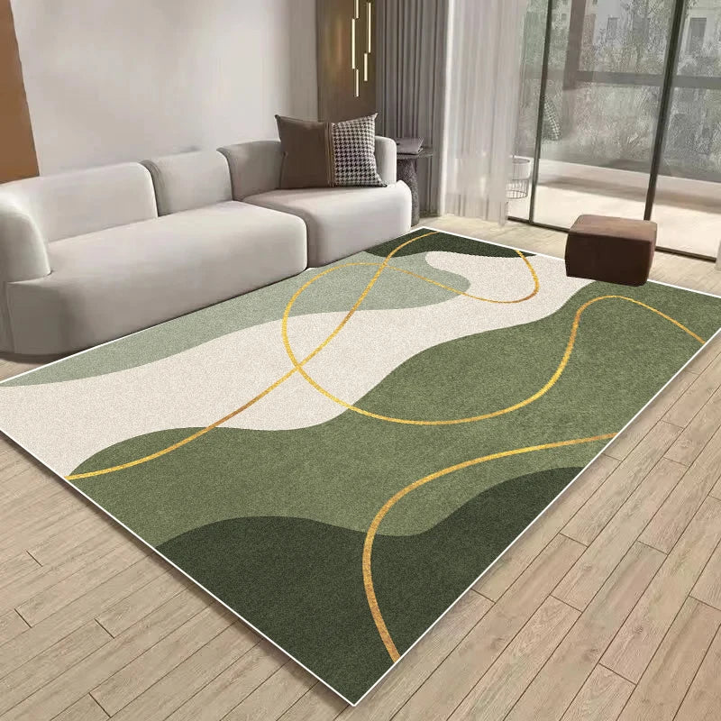 Tapis moderne de salon avec motifs géométriques en vert et jaune.