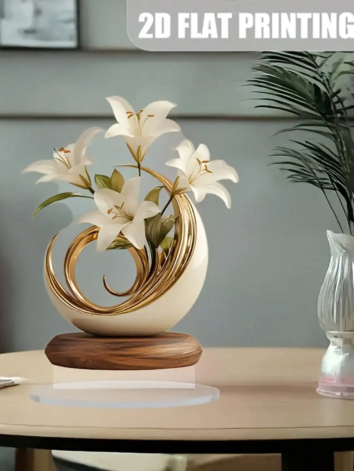 vase decoratif moderne fleur blanche taches dorées feuilles vertes beige deco salon