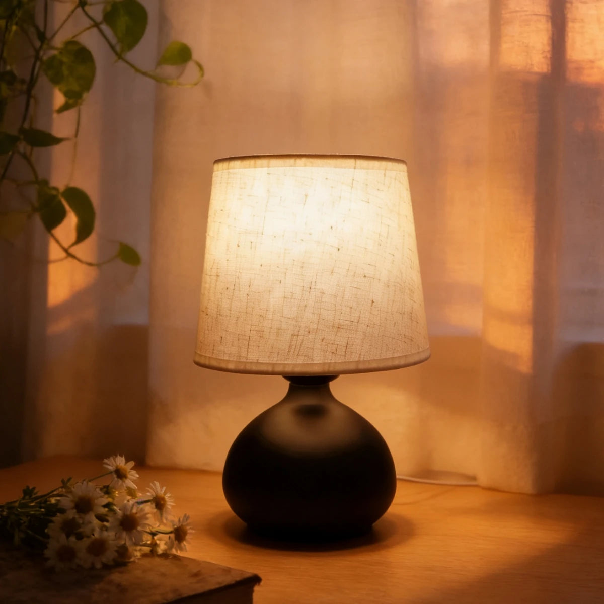 lampe chevet moderne abatjour beige motif herbe base marron stable usb rechargeable