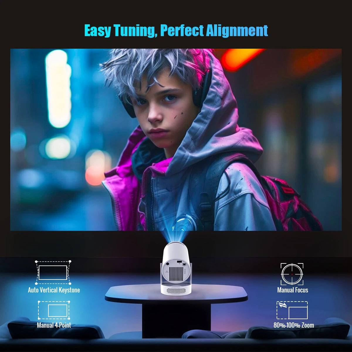 projecteur led 290ansi 1280x720p blanc moderne android wifi bluetooth trapézoïdale auto correction