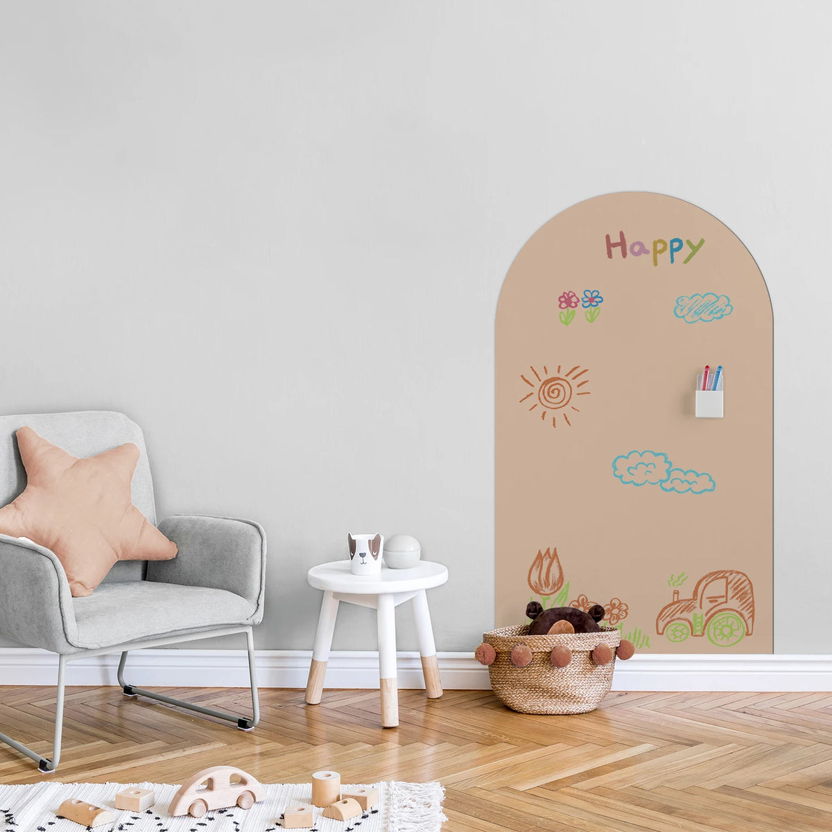 panneau mural arqué moderne décoration simple soleil nuages fleurs animaux adhésif beige clair minimaliste