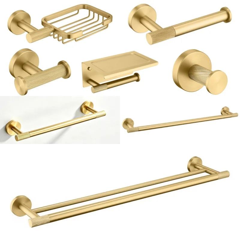 ensemble accessoires salle bain doré métal brossé porte savon porte serviette porte mouchoir