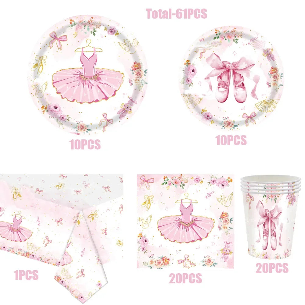 assiettes danseuses ballerines gobelets serviettes nappe rose fleurs ballet anniversaire fête enfantsDecorationThèmeFloralElegant