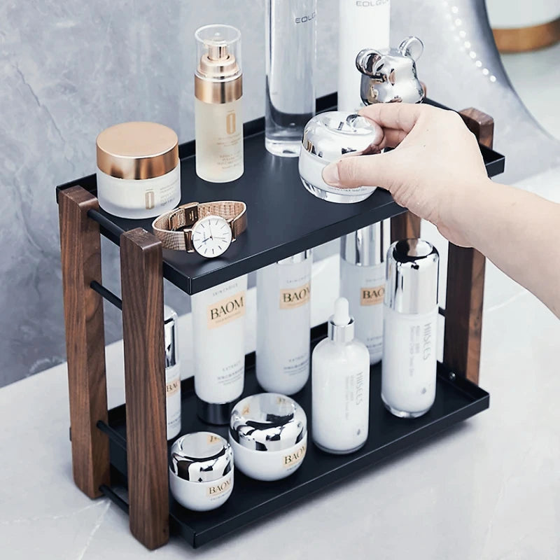étagère moderne trois niveaux bois noir cosmétiques salle bain minimaliste rangement produits