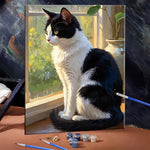 Toile peinte chat fenêtre diy adulte relaxation mur moderne noire blanche crochets pinceaux peintures