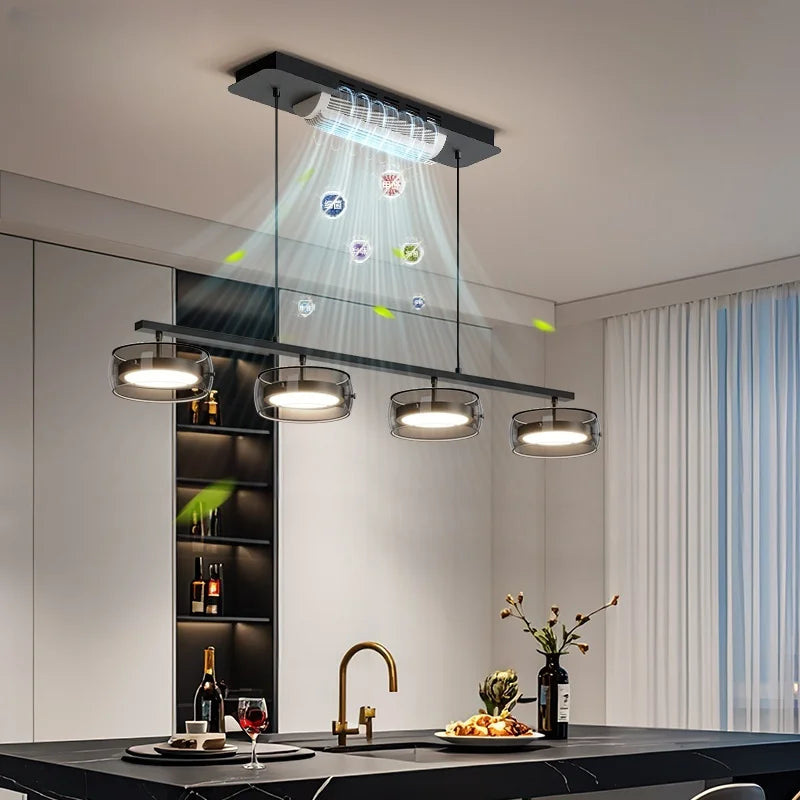 suspension lumineuse moderne noir ventilateur led télécommande contemporaine circulaire translucent chambre restaurant