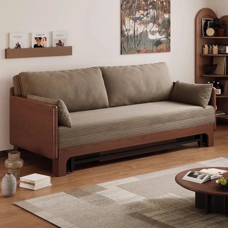 canapé lit marron clair rayures horizontales moderne extensible coussins multifonctionnel