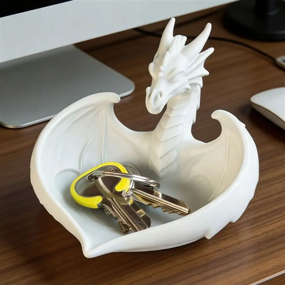 plateau rangement bijoux dragon blanc sculpté ailes tête moderne fantaisie clés anneaux boucles d'oreilles