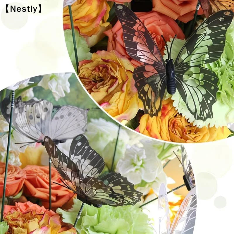 décorations papillons fleurs noires blanches argentées bronze texturées transparentes tige métallique bouquet plantes 25cm
