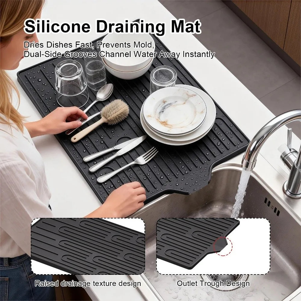 tapis drainage silicone orange noir vert rayures gouttes d'eau moderne pratique évier